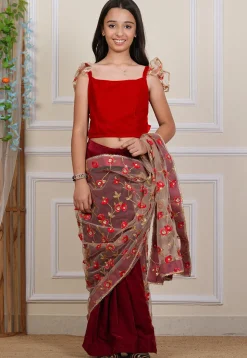 Pre-stitched Net Saree in Beige and Maroon