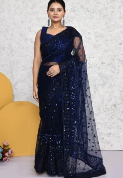 Pre-stitched Net Saree in Navy Blue