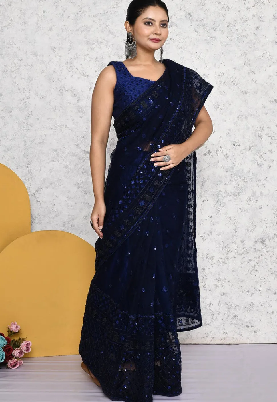Pre-stitched Net Saree in Navy Blue