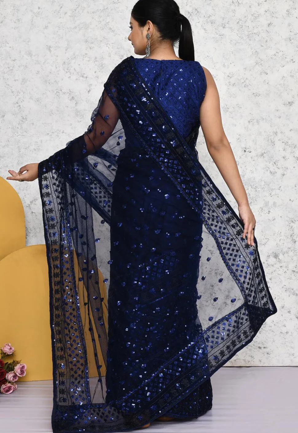 Pre-stitched Net Saree in Navy Blue