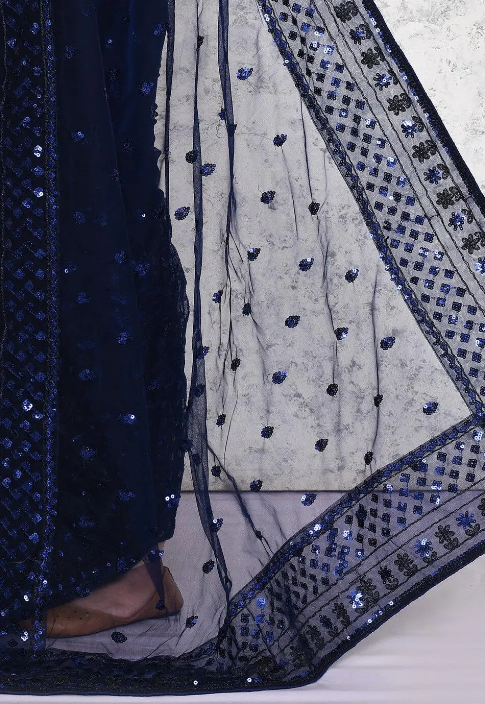 Pre-stitched Net Saree in Navy Blue