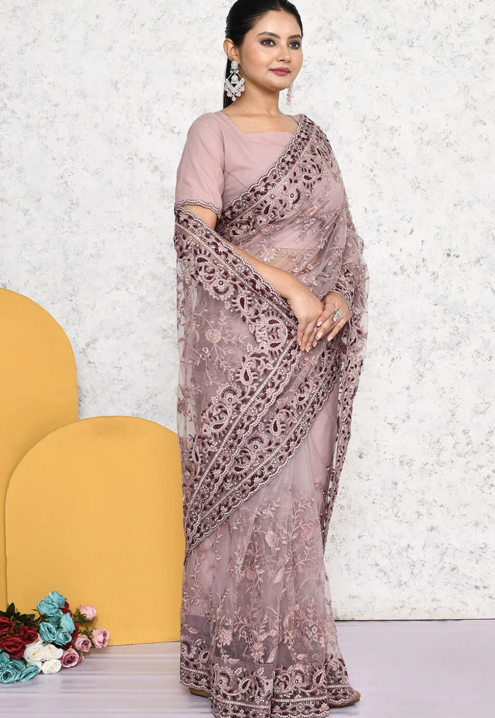 Pre-stitched Net Scalloped Saree in Purple