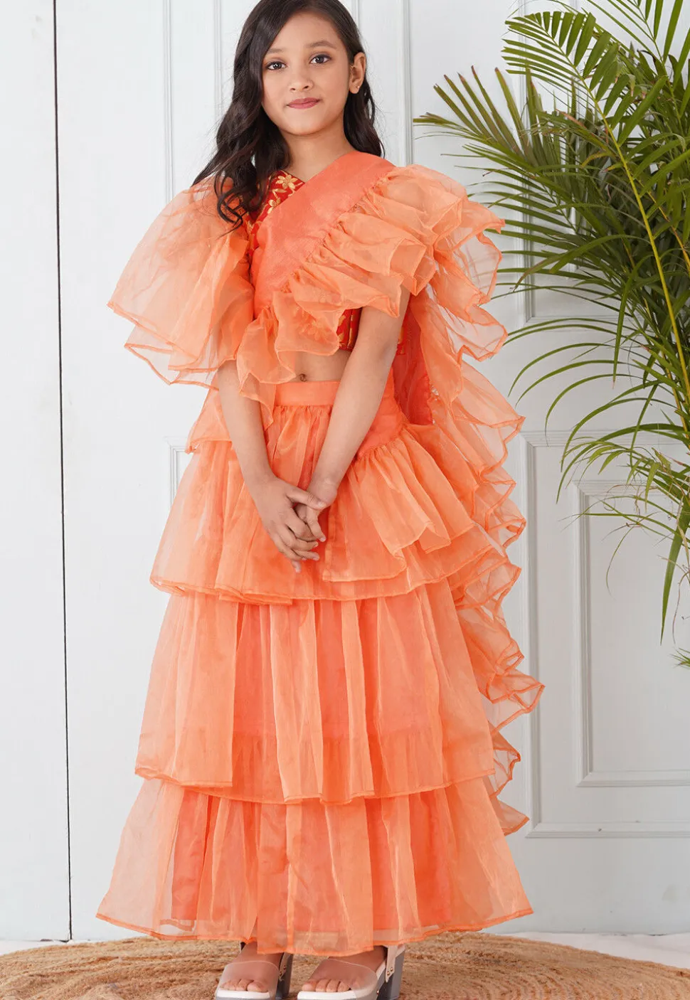 Pre-Stitched Organza Saree in Peach