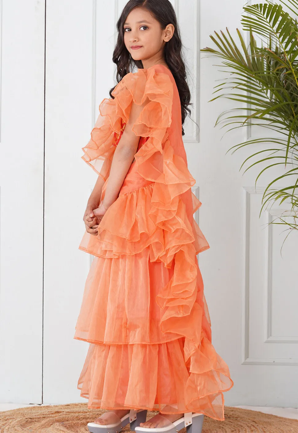 Pre-Stitched Organza Saree in Peach