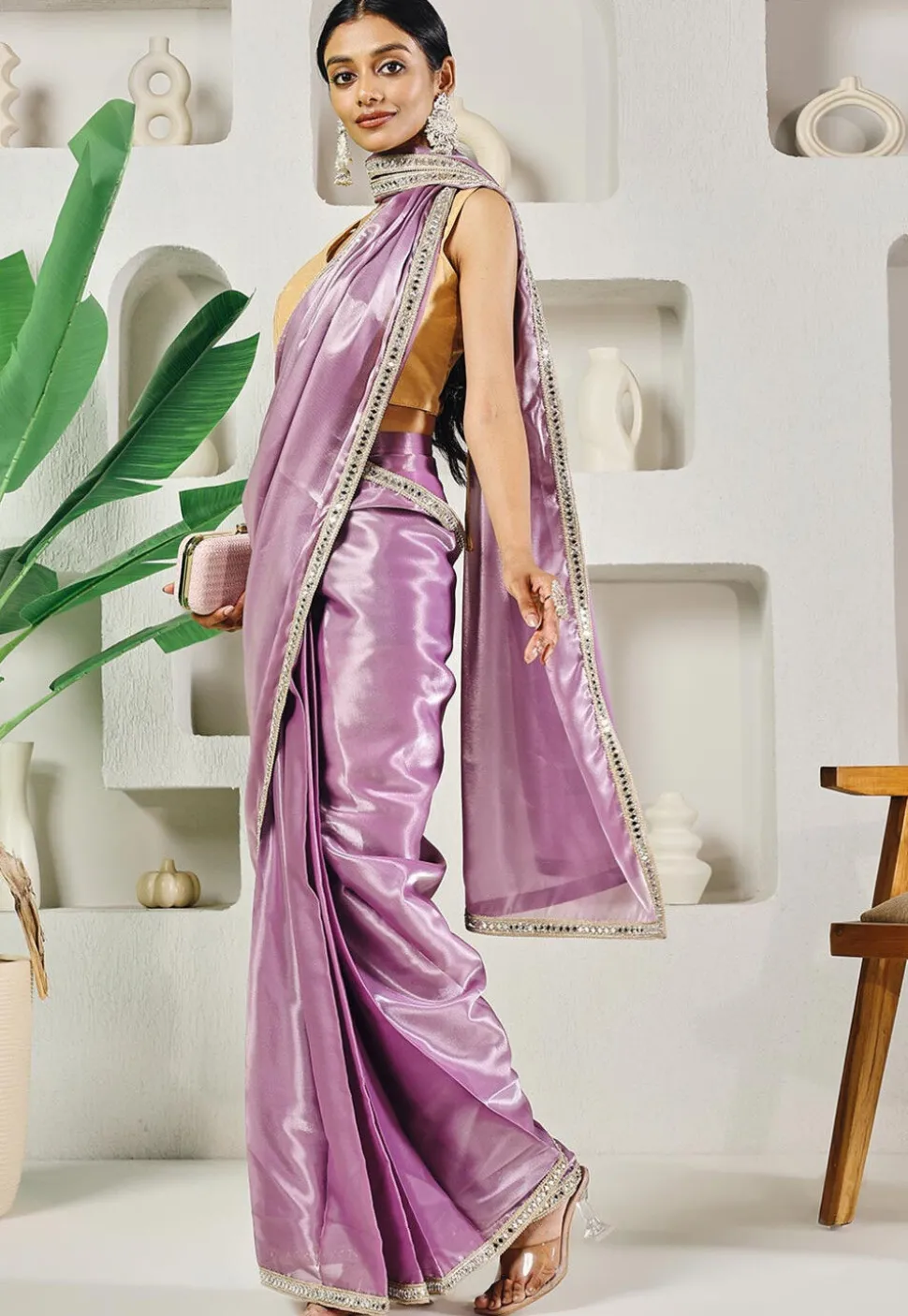 Pre-stitched Organza Saree in Light Purple