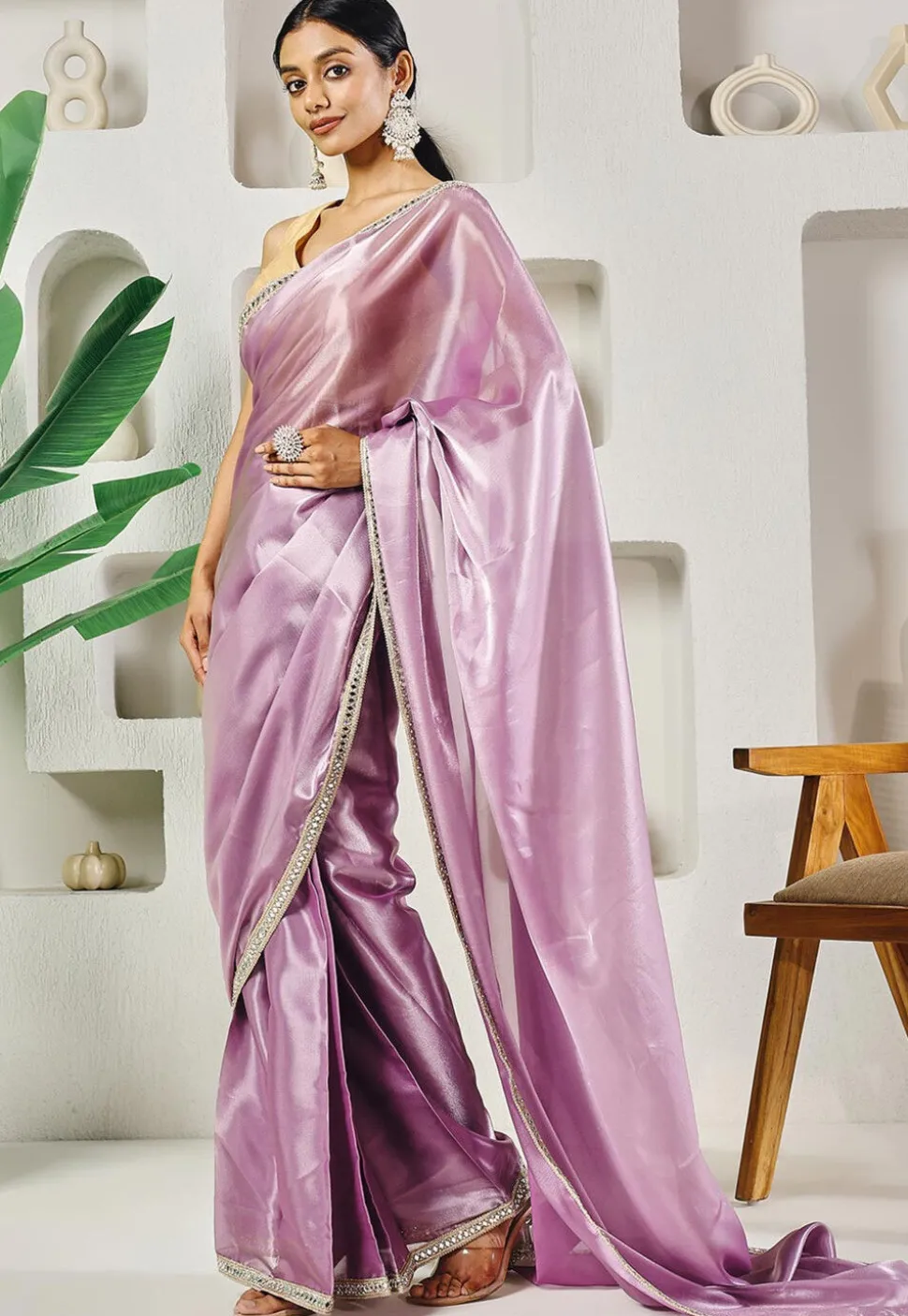 Pre-stitched Organza Saree in Light Purple