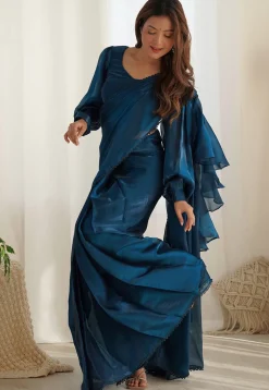 Pre-stitched Organza Saree in Teal Blue
