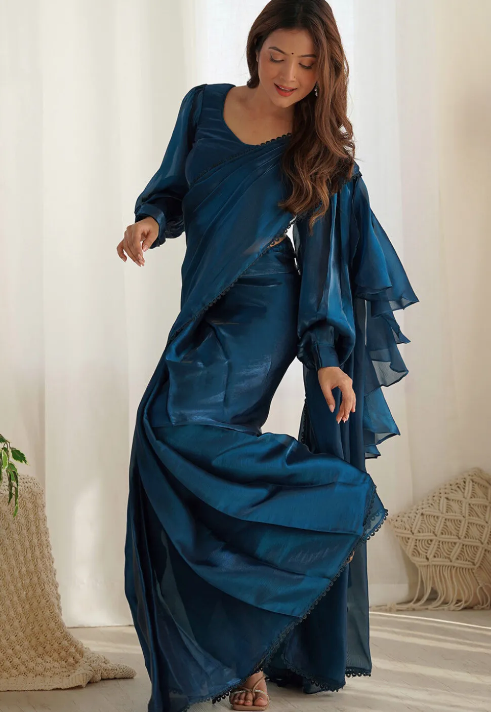 Pre-stitched Organza Saree in Teal Blue