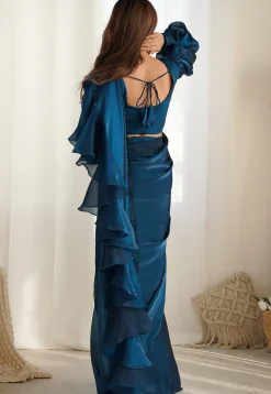 Pre-stitched Organza Saree in Teal Blue
