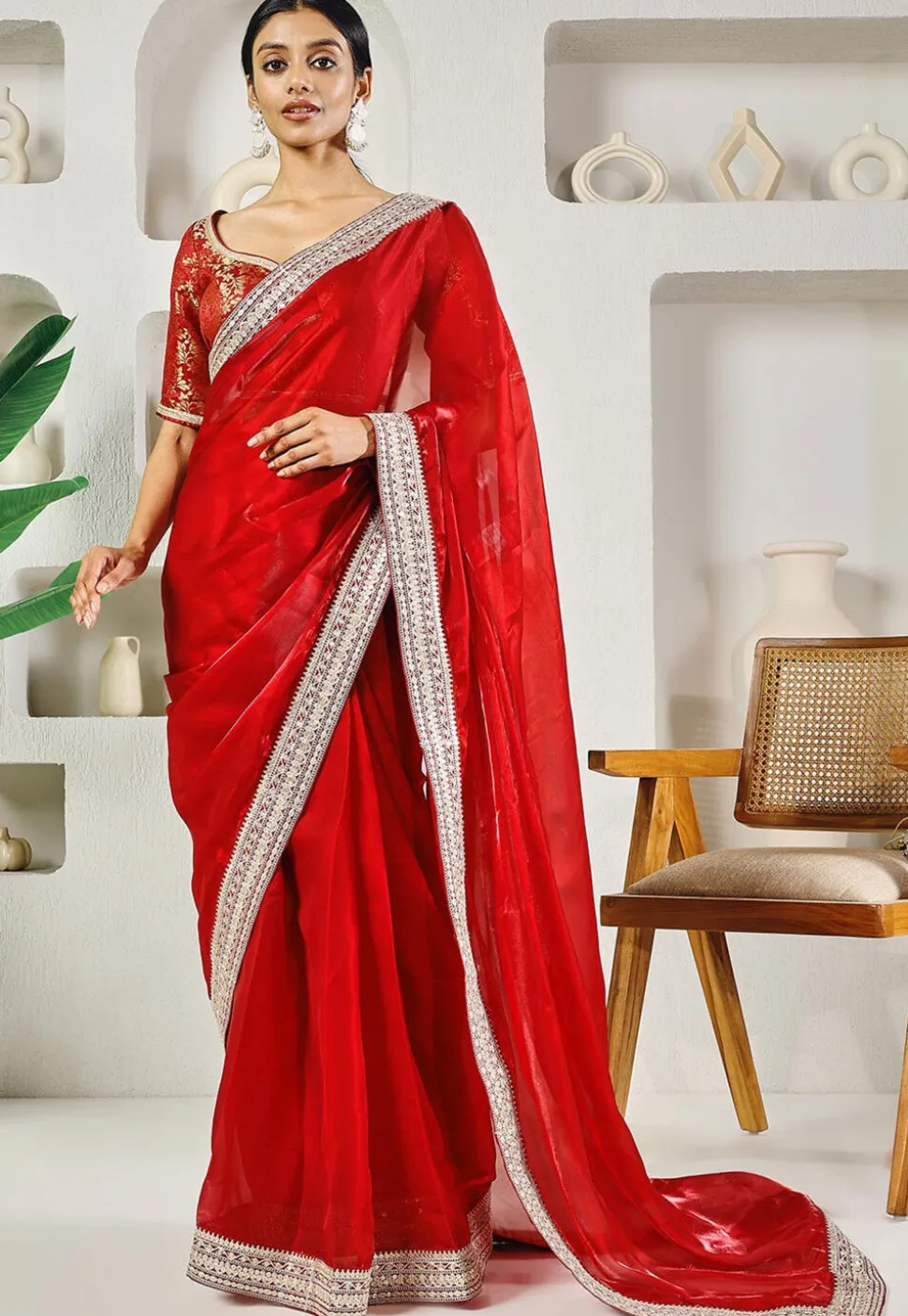 Pre-stitched Organza Saree in Red
