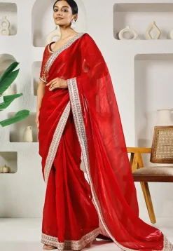 Pre-stitched Organza Saree in Red
