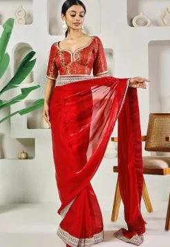 Pre-stitched Organza Saree in Red