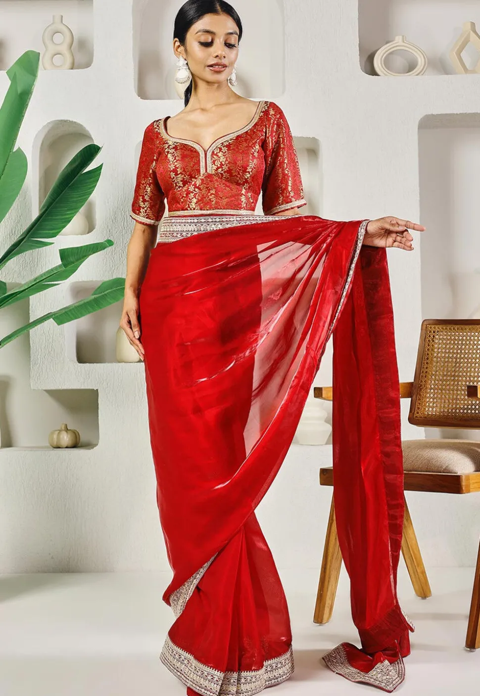 Pre-stitched Organza Saree in Red