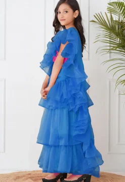Pre-Stitched Organza Tiered Saree in Royal Blue