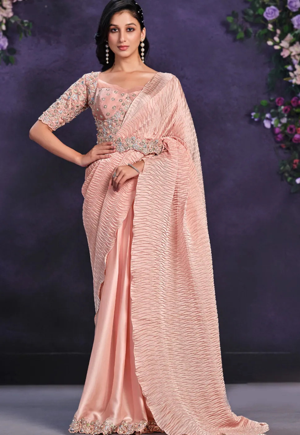 Pre-stitched Polyester Saree in Peach