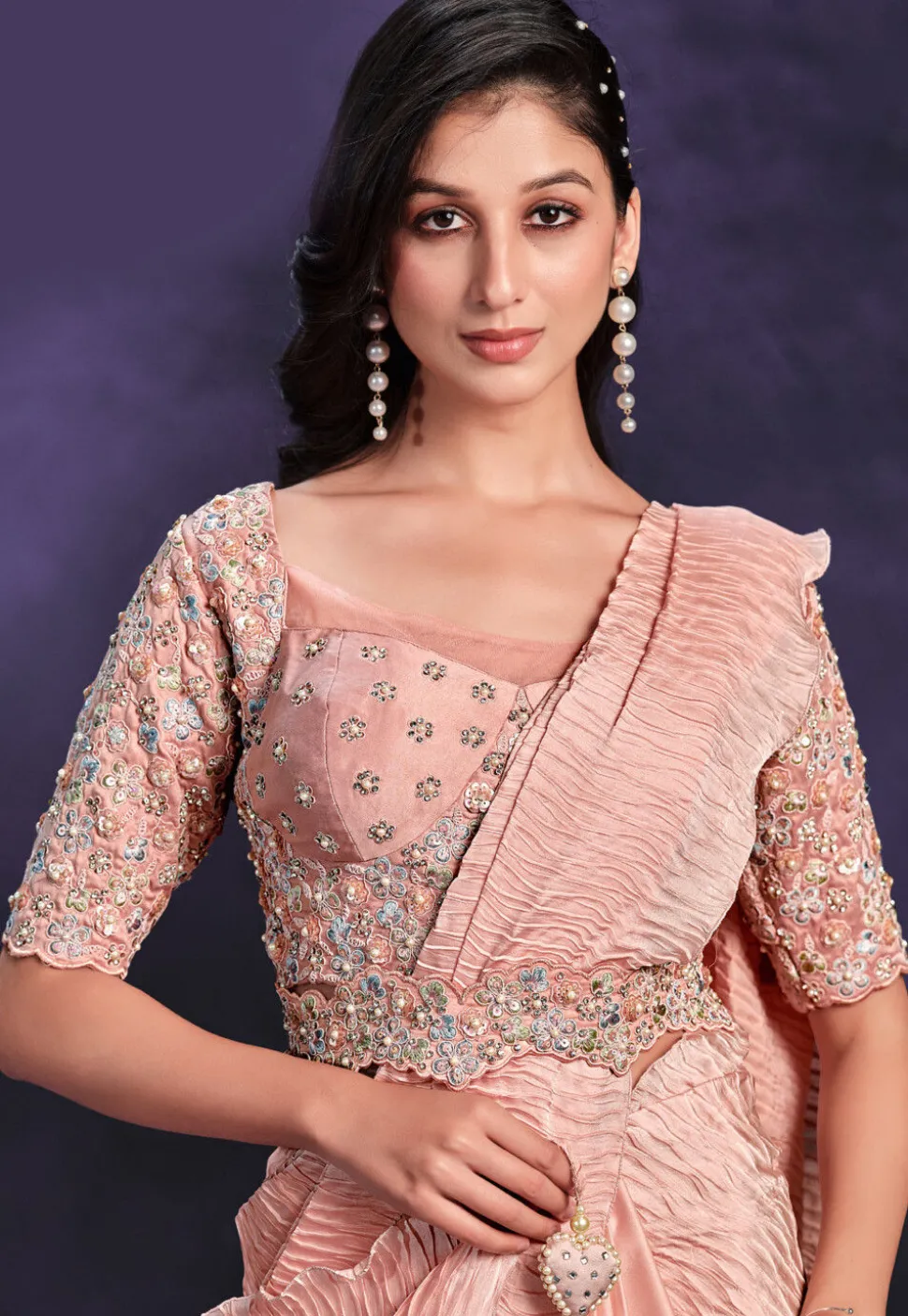 Pre-stitched Polyester Saree in Peach