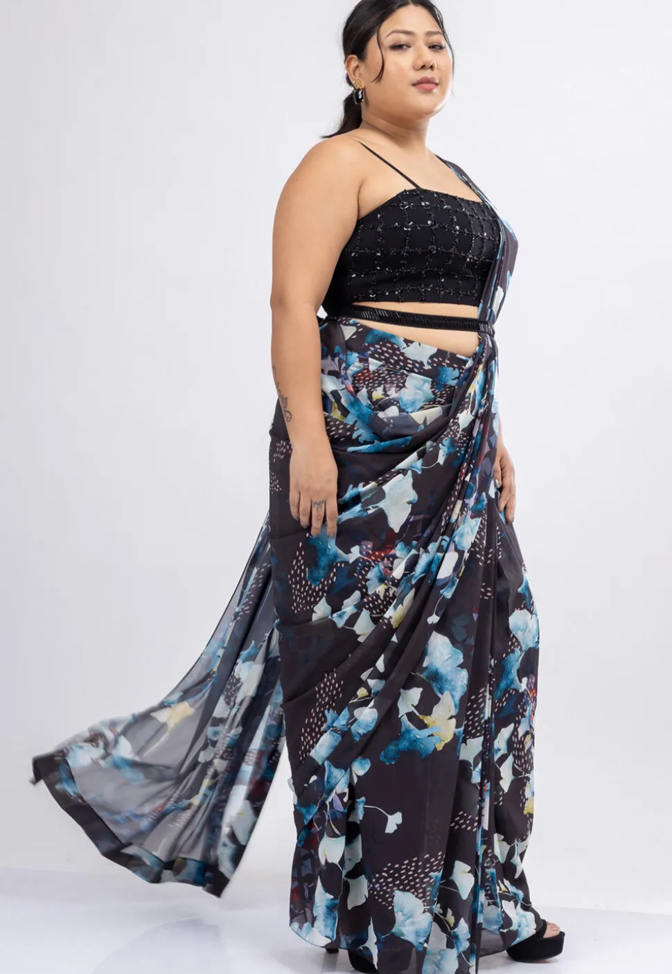 Pre-stitched Pure Georgette Saree in Black