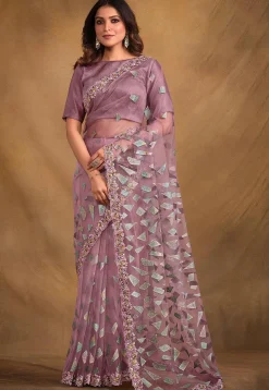 Pre-stitched Rubber Printed Net Saree in Light Purple