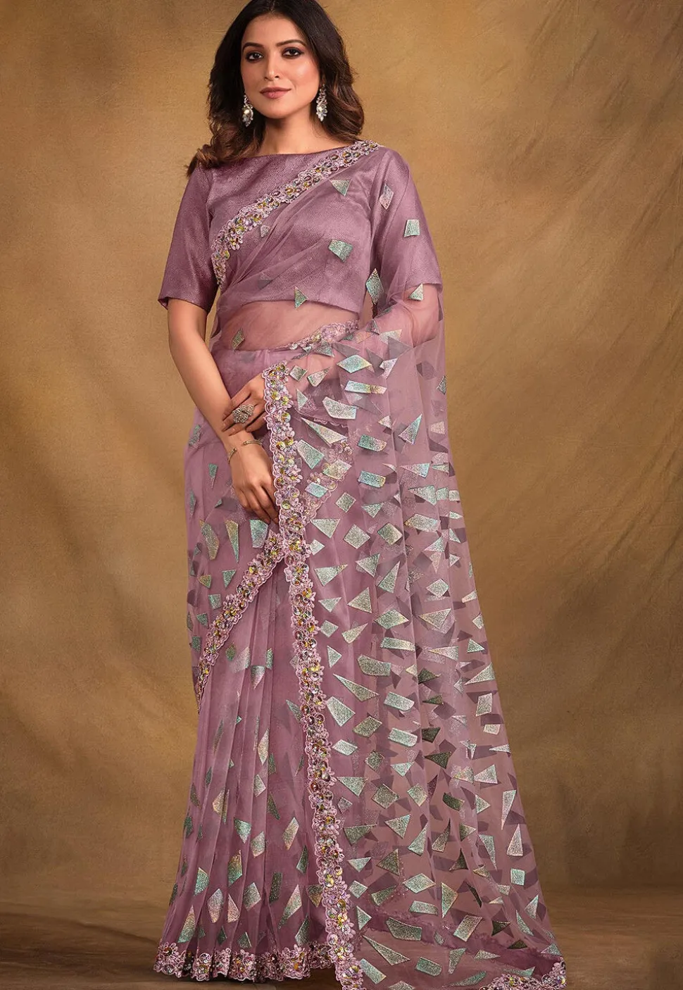 Pre-stitched Rubber Printed Net Saree in Light Purple