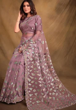 Pre-stitched Rubber Printed Net Saree in Light Purple