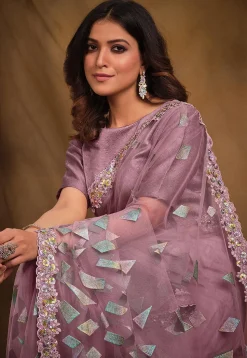 Pre-stitched Rubber Printed Net Saree in Light Purple