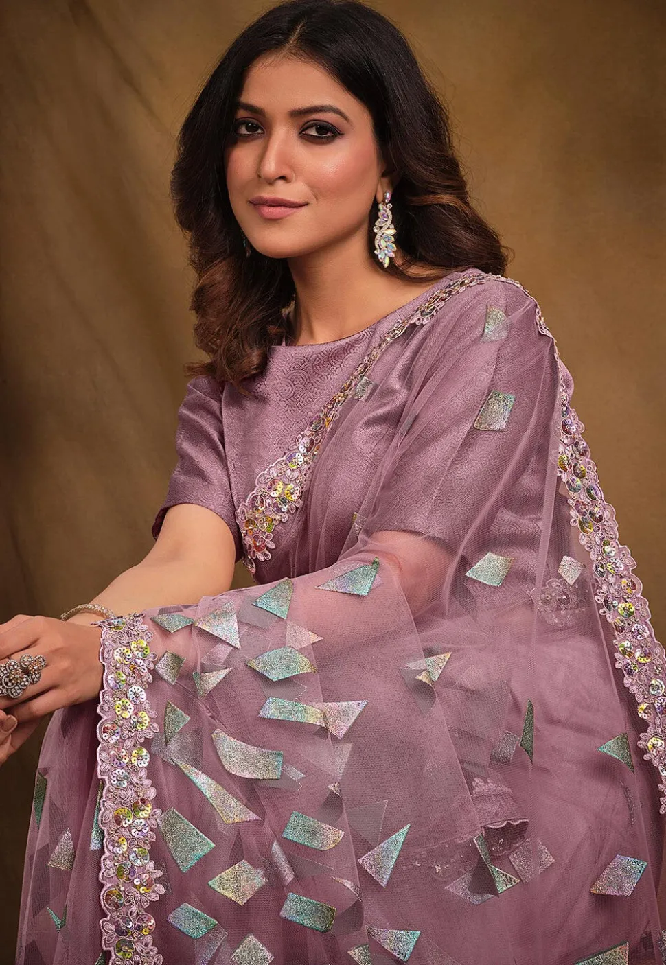 Pre-stitched Rubber Printed Net Saree in Light Purple