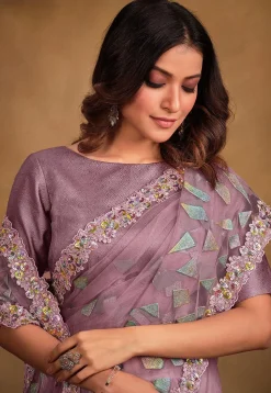 Pre-stitched Rubber Printed Net Saree in Light Purple