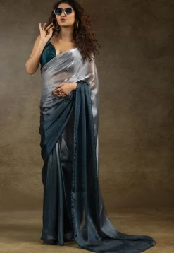 Pre-stitched Satin Chiffon Shimmer Saree in Shaded Grey and Blue