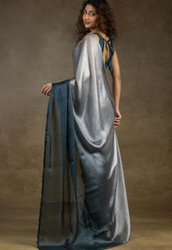 Pre-stitched Satin Chiffon Shimmer Saree in Shaded Grey and Blue
