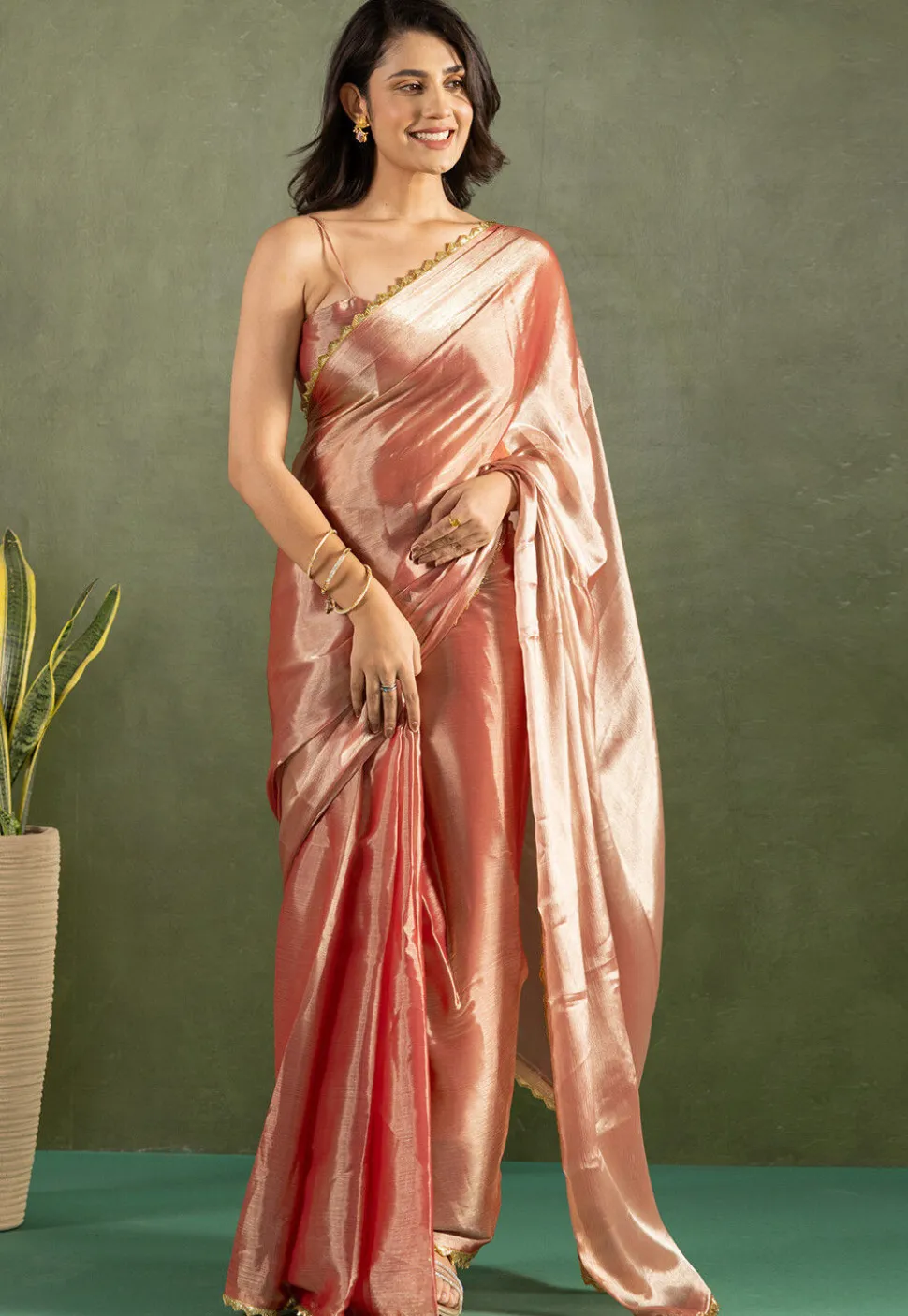 Pre-stitched Satin Chiffon Saree in Peach