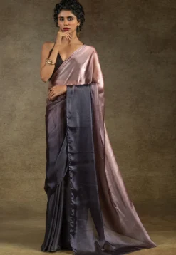 Pre-stitched Satin Chiffon Shimmer Saree in Shaded Peach and Black