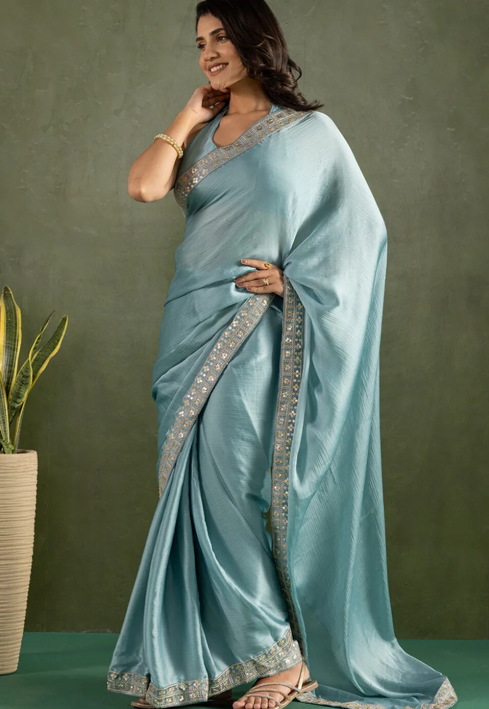 Pre-stitched Satin Chiffon Scalloped Saree in Light Blue