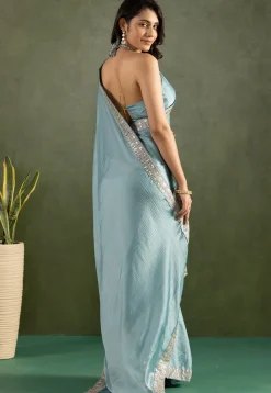 Pre-stitched Satin Chiffon Scalloped Saree in Light Blue