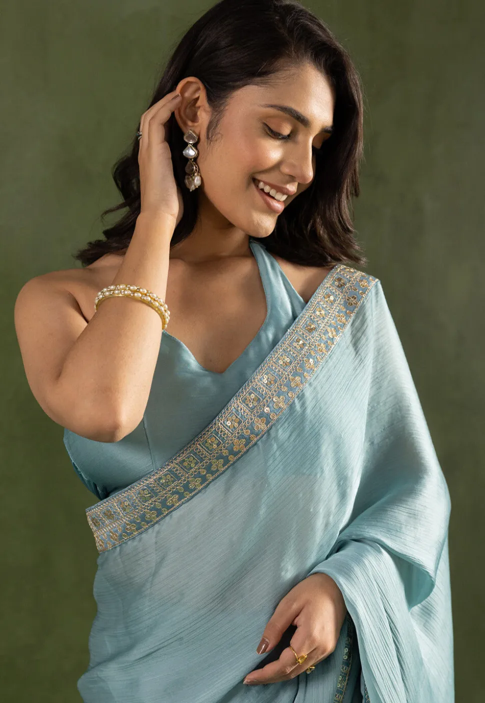 Pre-stitched Satin Chiffon Scalloped Saree in Light Blue