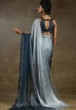 Pre-stitched Satin Chiffon Shimmer Saree in Shaded Grey and Blue