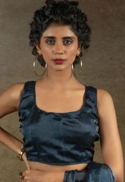 Pre-stitched Satin Chiffon Shimmer Saree in Shaded Grey and Blue