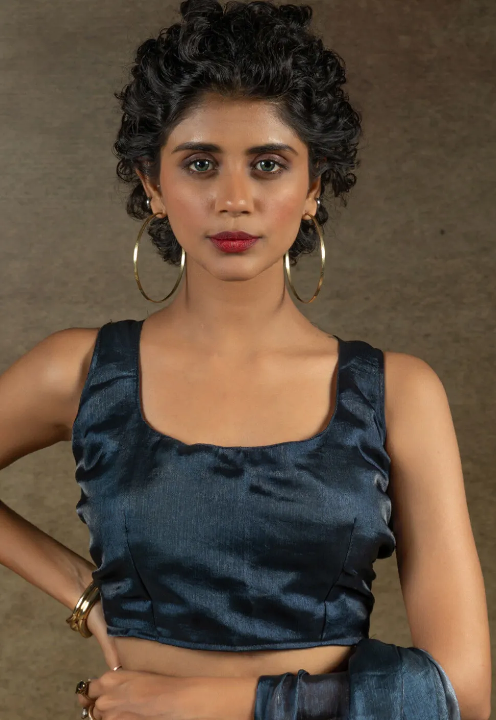 Pre-stitched Satin Chiffon Shimmer Saree in Shaded Grey and Blue