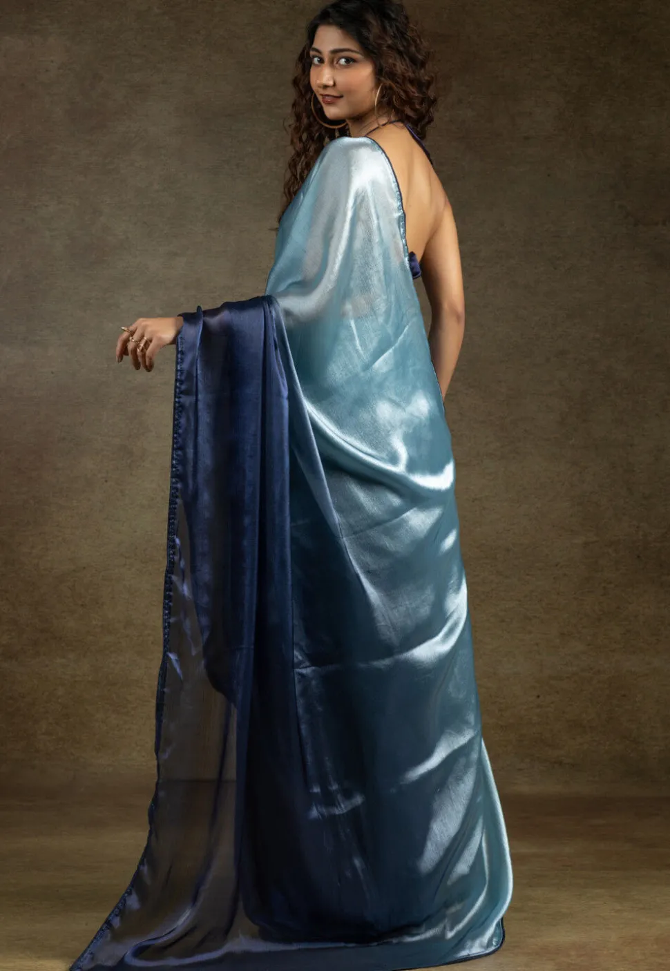 Pre-stitched Satin Chiffon Shimmer Saree in Ombre Blue