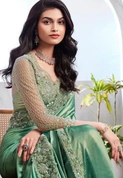 Pre-stitched Satin Chiffon Saree in Teal Green