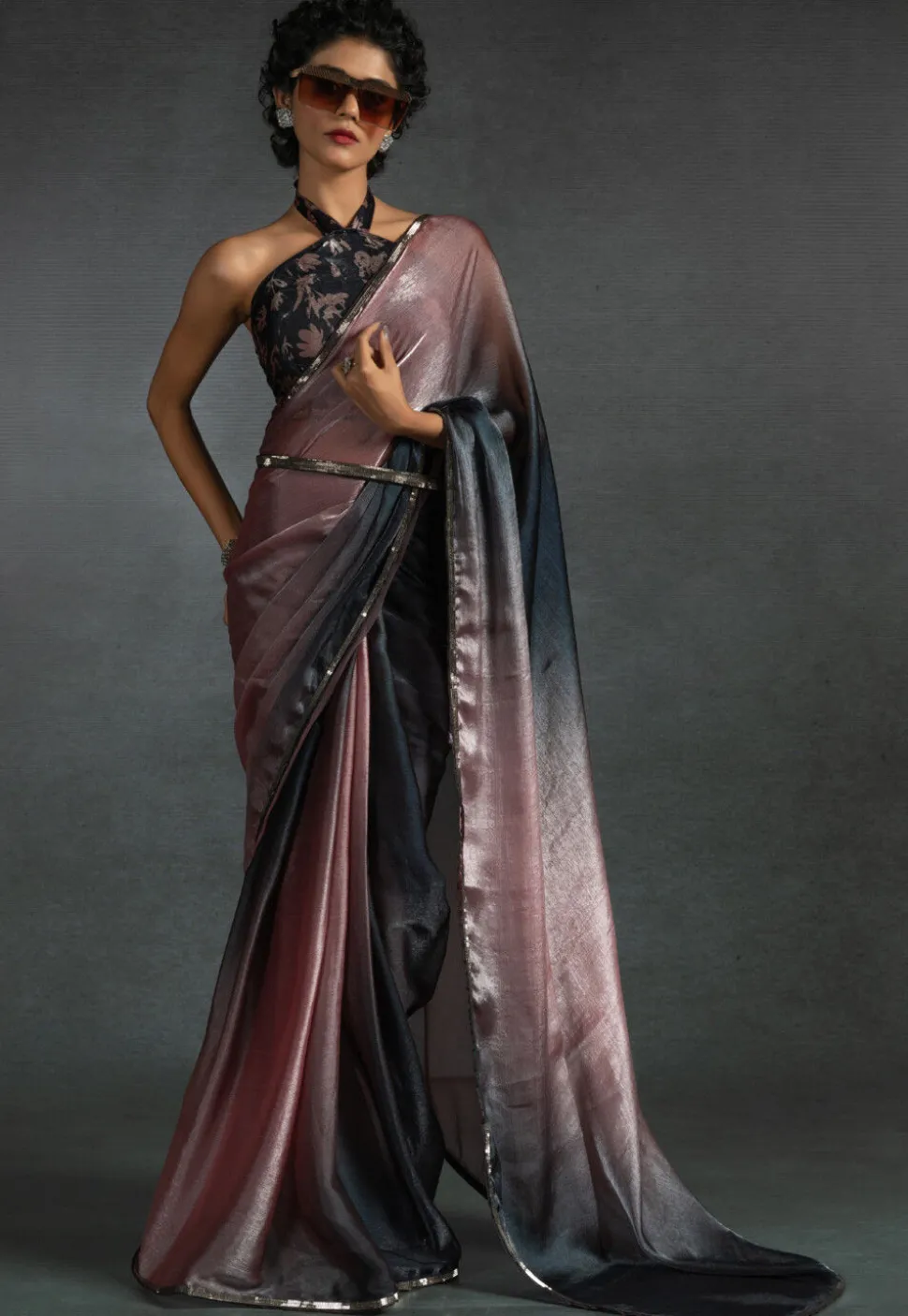 Pre-stitched Satin Chiffon Shimmer Saree in Shaded Peach and Black