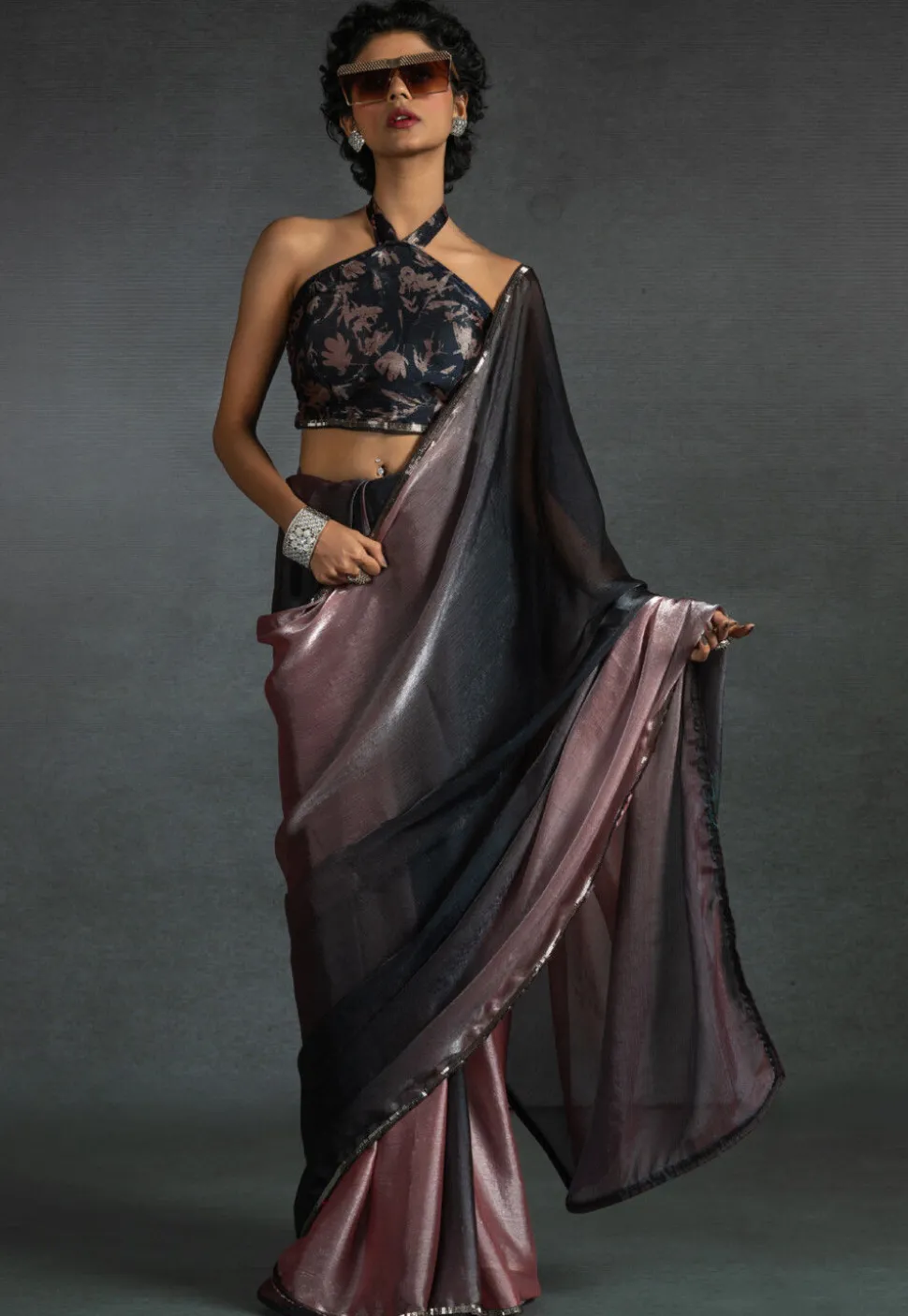 Pre-stitched Satin Chiffon Shimmer Saree in Shaded Peach and Black