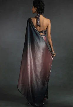 Pre-stitched Satin Chiffon Shimmer Saree in Shaded Peach and Black
