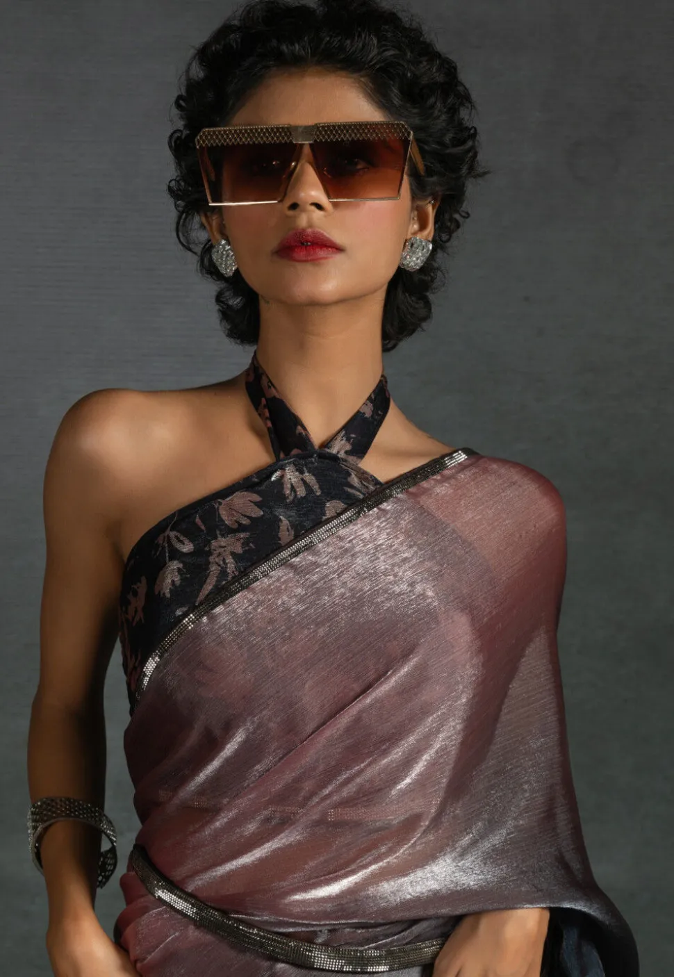 Pre-stitched Satin Chiffon Shimmer Saree in Shaded Peach and Black