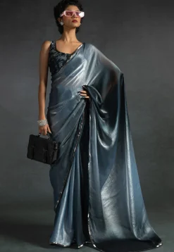 Pre-stitched Satin Chiffon Shimmer Saree in Light Blue