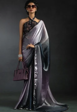 Pre-stitched Satin Chiffon Saree in Shaded Purple and Black