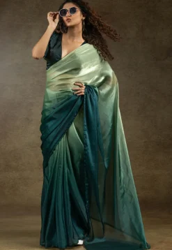 Pre-stitched Satin Chiffon Shimmer Saree in Pastel Green and Teal Blue