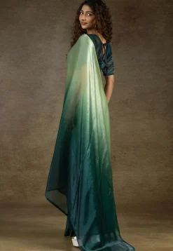 Pre-stitched Satin Chiffon Shimmer Saree in Pastel Green and Teal Blue