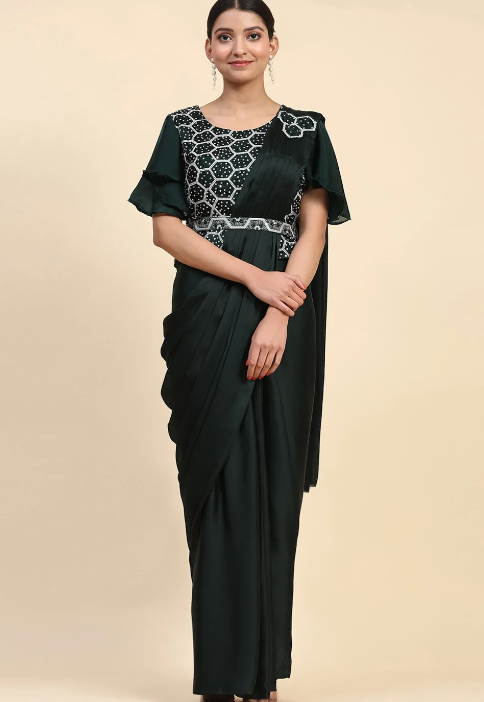Pre-stitched Satin Georgette Butterfly Pallu Saree in Dark Green