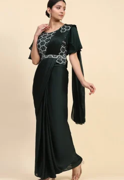 Pre-stitched Satin Georgette Butterfly Pallu Saree in Dark Green