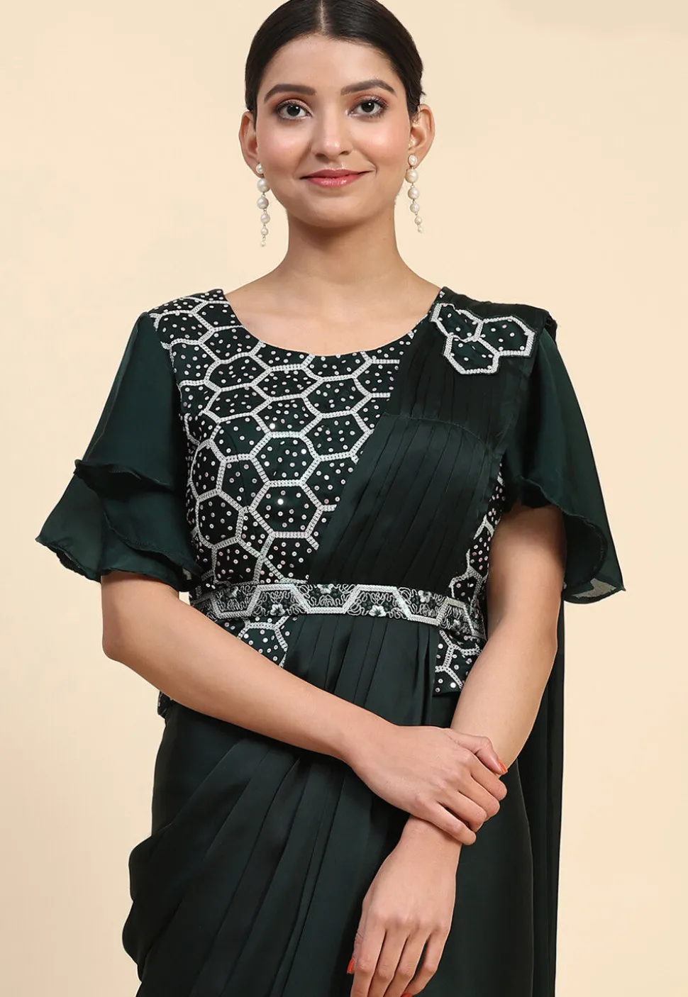 Pre-stitched Satin Georgette Butterfly Pallu Saree in Dark Green